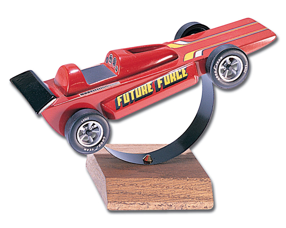 Racer Display Stand - Display your racer in trophy-like splendor following the race! The sleek metal bracket holds any PineCar or SailBoat Racer, mounted on a solid oak base
