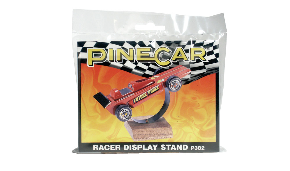 Racer Display Stand - Display your racer in trophy-like splendor following the race! The sleek metal bracket holds any PineCar or SailBoat Racer, mounted on a solid oak base