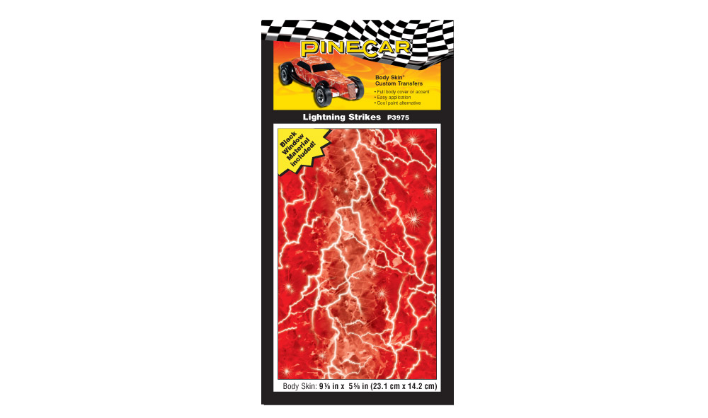 Body Skin<sup>®</sup> - Lightning Strikes - Be the most electrifying driver on the track or sailor on the water! Apply Custom Body Skins&reg; to your PineCar Racer or Sailboat Racer quickly and easily with a wet sponge