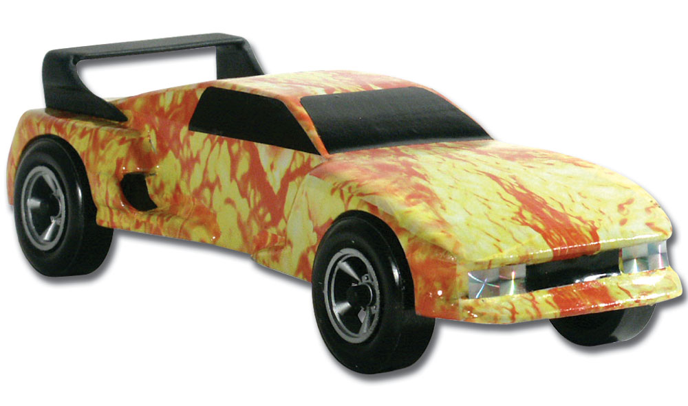Body Skin<sup>®</sup> - Fire Starter - Leaves flames trailing behind you as you race! Apply Custom Body Skins&reg; to your PineCar Racer or Sailboat Racer quickly and easily with a wet sponge