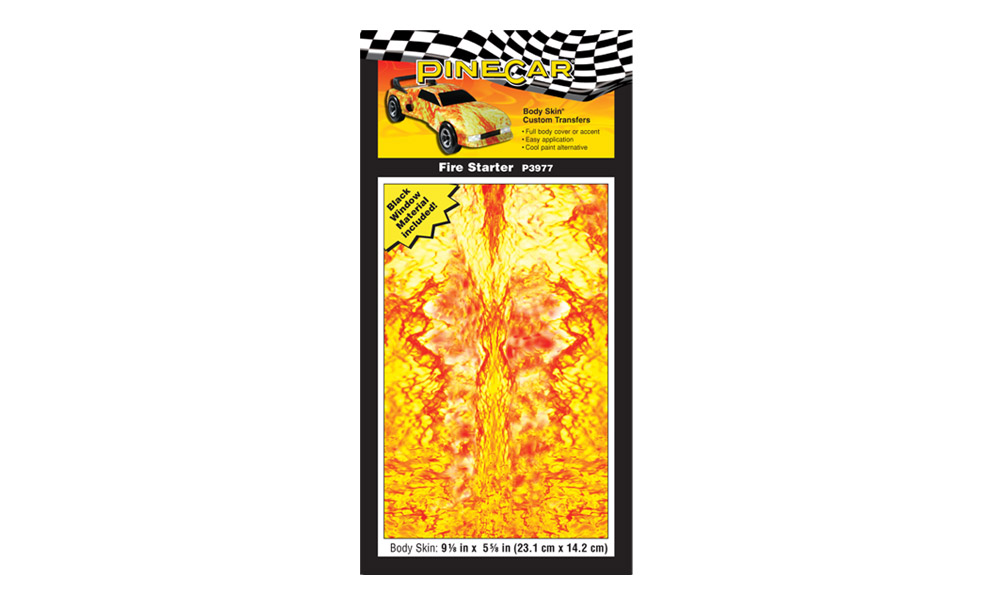 Body Skin<sup>®</sup> - Fire Starter - Leaves flames trailing behind you as you race! Apply Custom Body Skins&reg; to your PineCar Racer or Sailboat Racer quickly and easily with a wet sponge