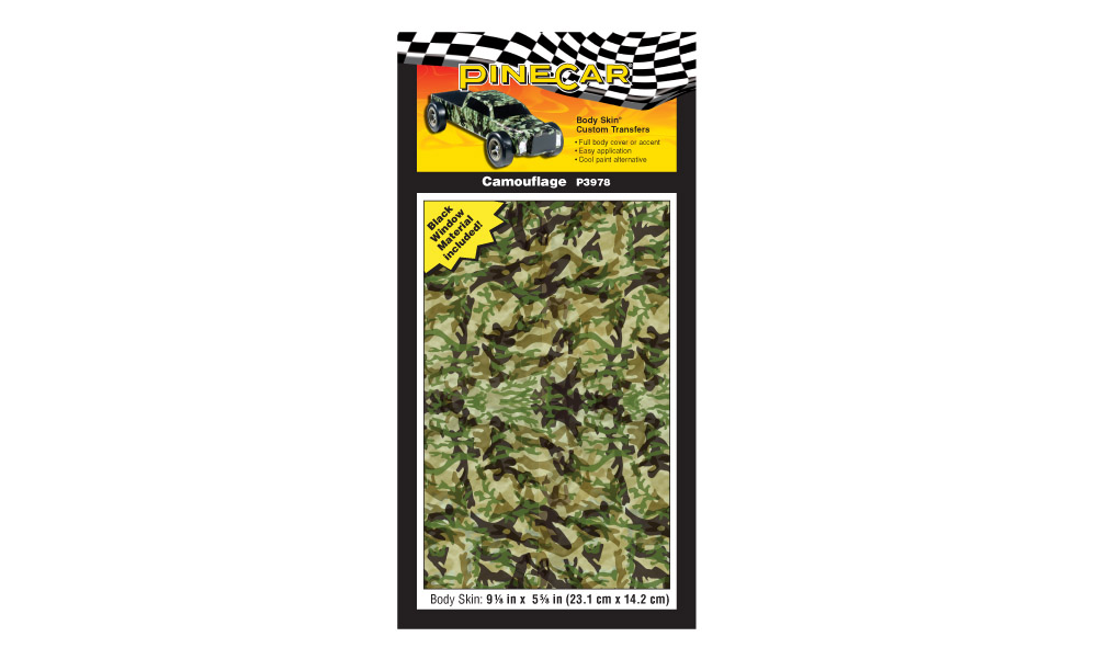 Body Skin<sup>®</sup> - Camouflage - Make it camouflage, and they'll never know what beat 'em! Apply Custom Body Skins&reg; to your PineCar Racer or Sailboat Racer quickly and easily with a wet sponge