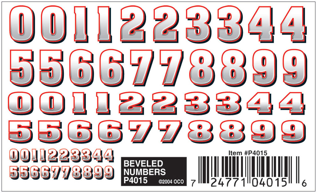 Beveled Numbers  - Apply Dry Transfer Decals by rubbing with a dull pencil or burnisher