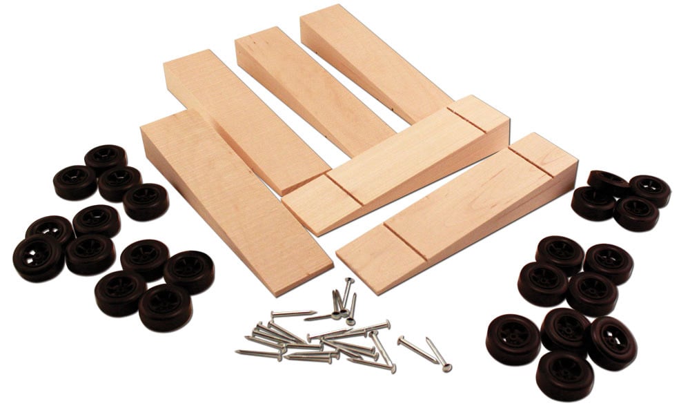6-Pack Wedge Block Kit - Pack includes enough wood Wedges, wheels and nail-type axles to complete six PineCar Racers&reg;