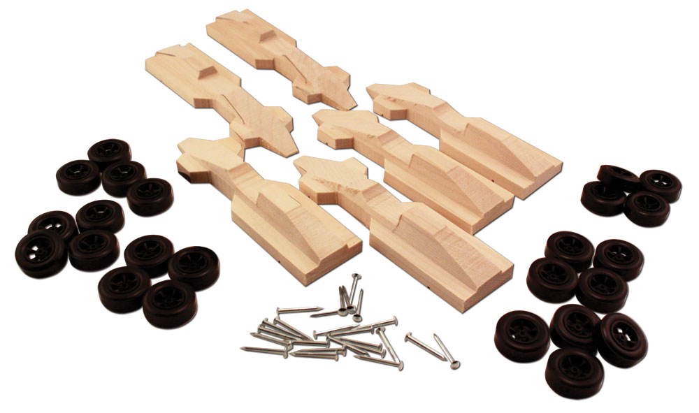 6-Pack Grand Prix Pre-Cut Kit - Pack includes enough wood Pre-cuts, wheels and nail-type axles to complete six PineCar Racers&reg;