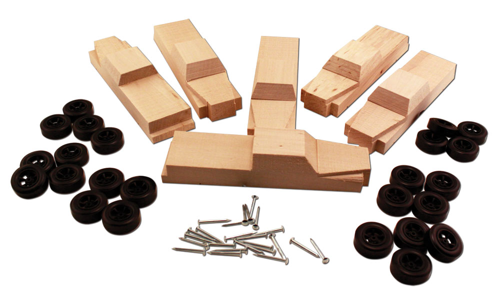 6-Pack Truckster Pre-Cut Kit - Pack includes enough wood Pre-cuts, wheels and nail-type axles to complete six PineCar Racers&reg;