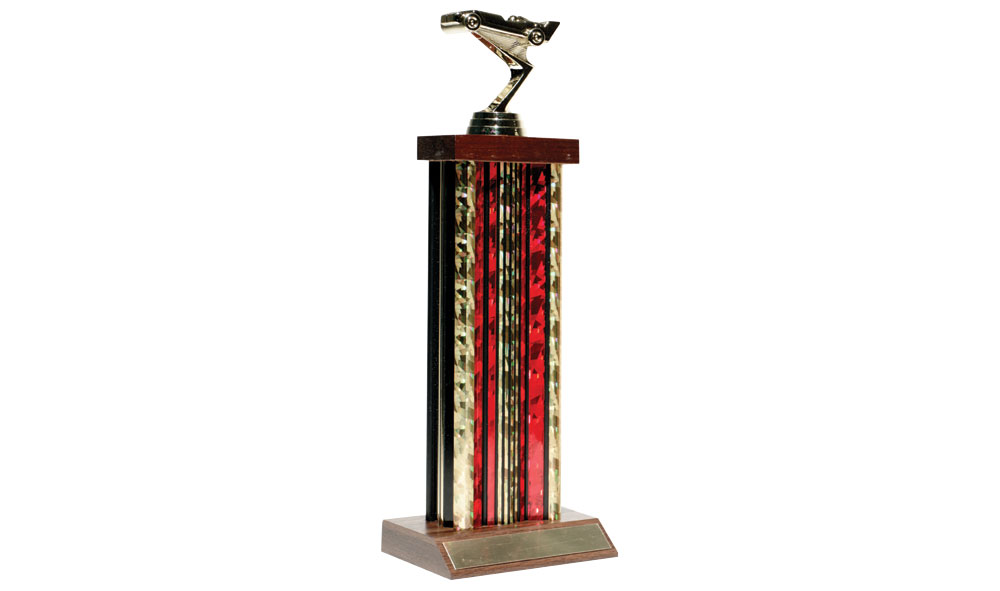 12-inch Deluxe PineCar Trophy-First Place - Get this 12" Deluxe First Place Trophy for the winners of your PineCar Derby! The trophy includes a brass-plated label for engraved personal information
