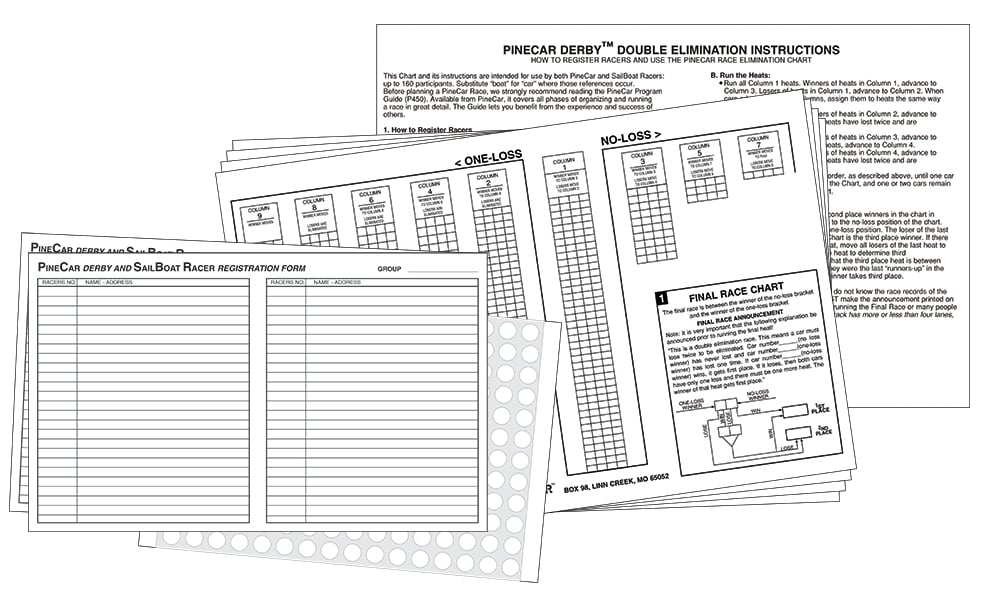 PineCar Derby<sup>®</sup> Racing Forms - All the forms and charts you need to track participants and log and number cars (up to 150 racers)